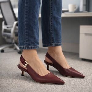 NEW VINCE Shasta Burgundy Slingback Kitten Heels Buckle Pointed Toe 7
